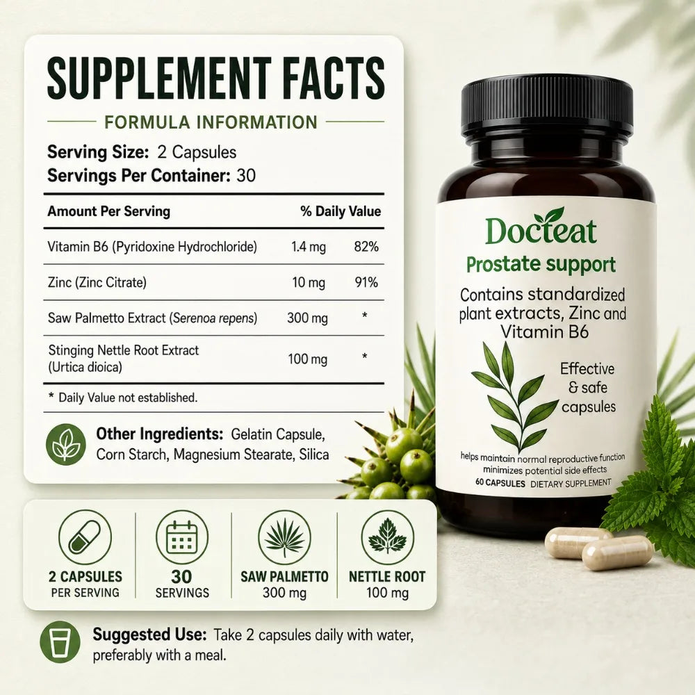 Prostate Support Capsules for Men Saw Palmetto 300mg Nettle Root Extract Zinc Vitamin B6 Wellness Daily Supplement